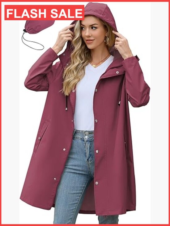 Jackets & Blazers - Long Packable Rain Jacket Women Waterproof Lightweight Hooded Windbreaker